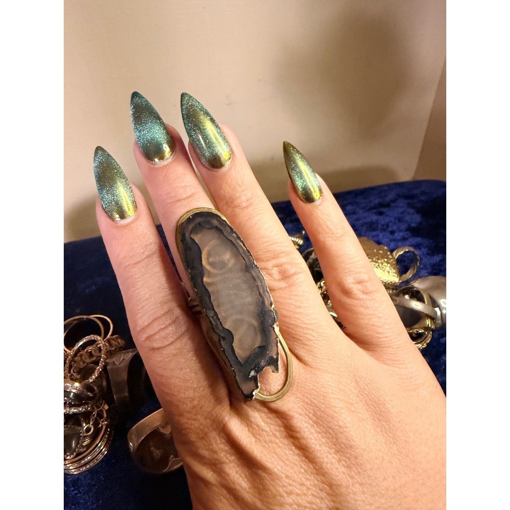 Artisan Natural Agate Slice Statement Ring Gold Tone Wire Wrapped Boho Jewelry